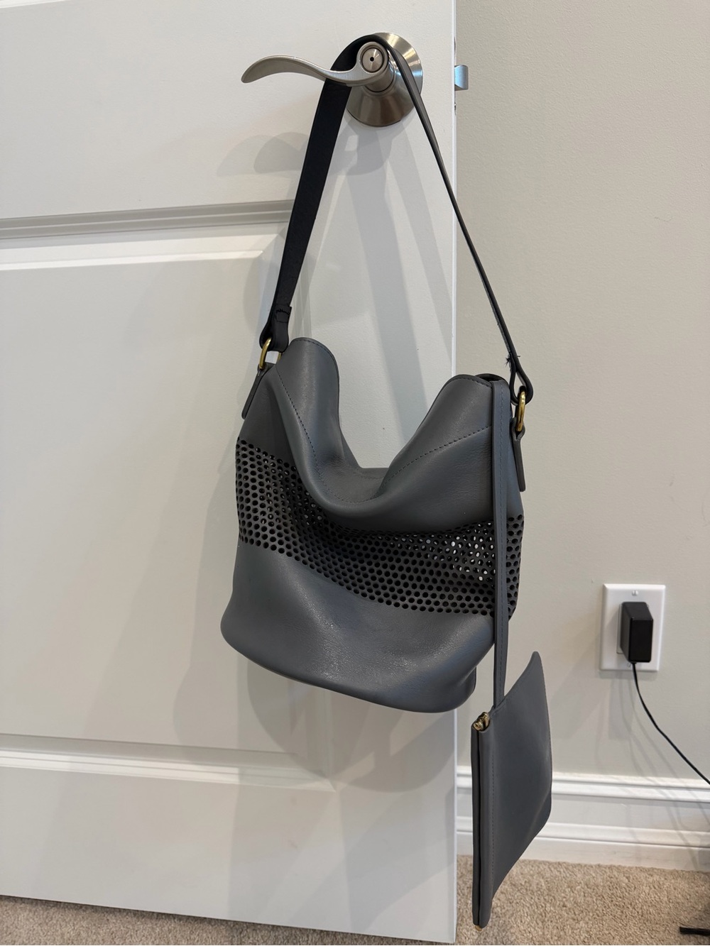 Kempton & co. Gray Perforated Leather bucket Bag